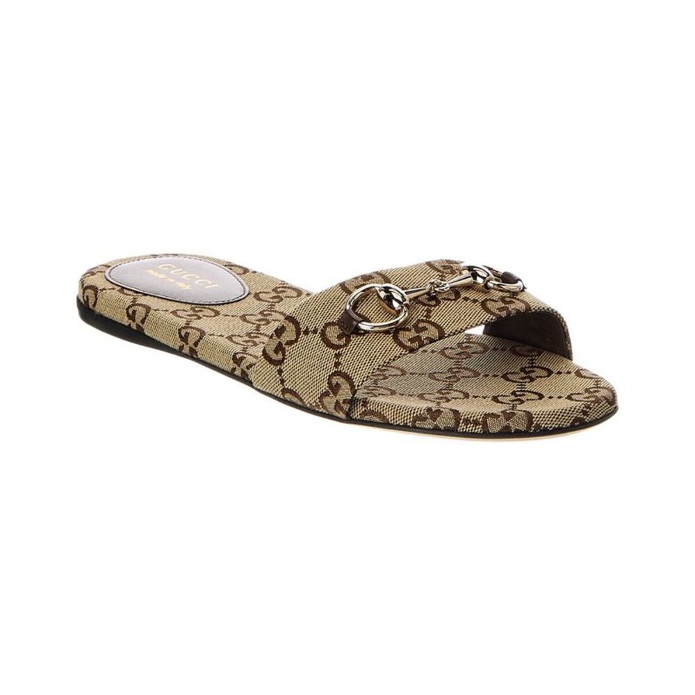 Gucci Beige Monogram Canvas Horsebit Flat Sandal